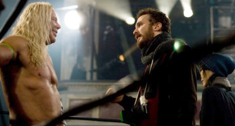 Director Darren Aronofsky in the ring with Mickey Rourke during the shooting of "The Wrestler."