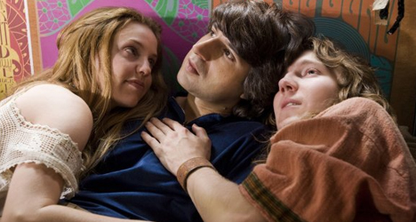 Elliott (Demitri Martin) takes a little trip with new friends (Kellie Garner and Paul Dano) in "Taking Woodstock."